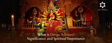 Durga Ashtami celebration with Goddess Durga idol, spiritual rituals, and Navratri decorations