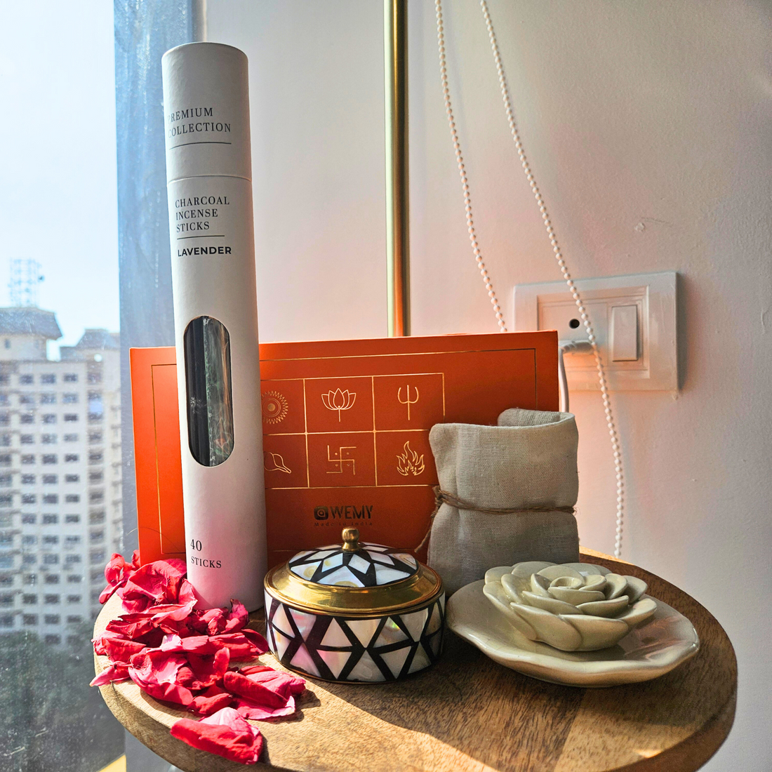 Charming Diwali Gifting Combo: Incense Tube, Holder, Mother of Pearl Trinket & Sweets