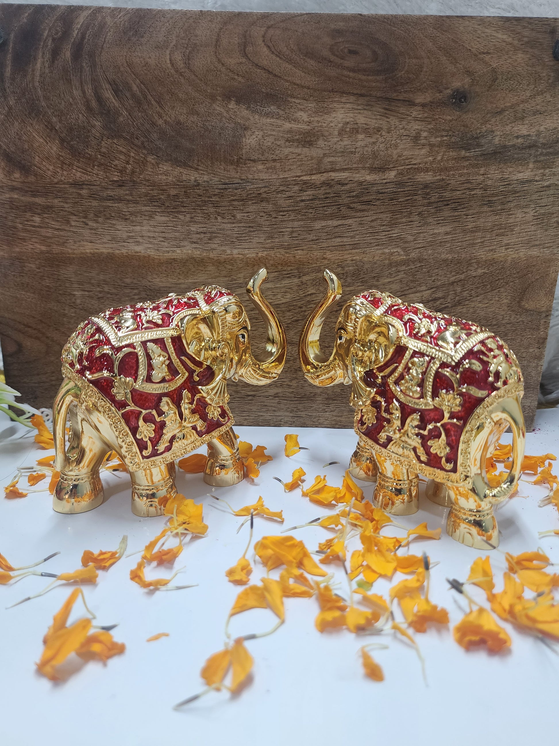 Set of 2 Red 5-Inch 24K Gold Plated Elephant Idols