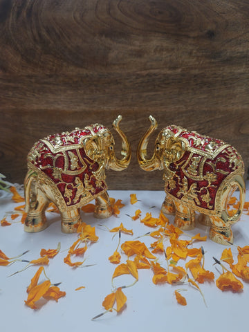 Set of 2 Red 5-Inch 24K Gold Plated Elephant Idols – Vastu Showpieces for Good Luck, Housewarming Gifts, and Home Decor