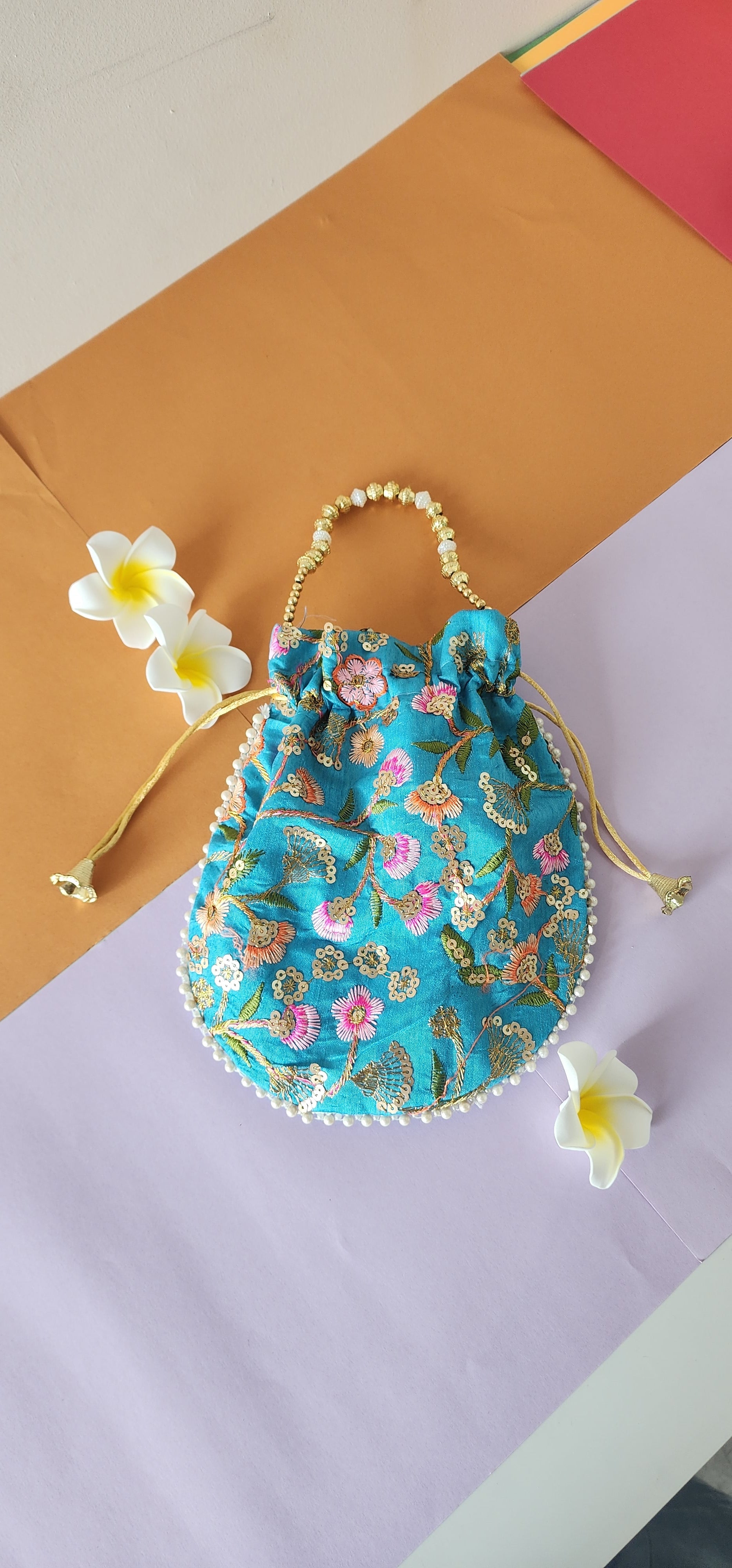 Blue Floral Design Potli Bag