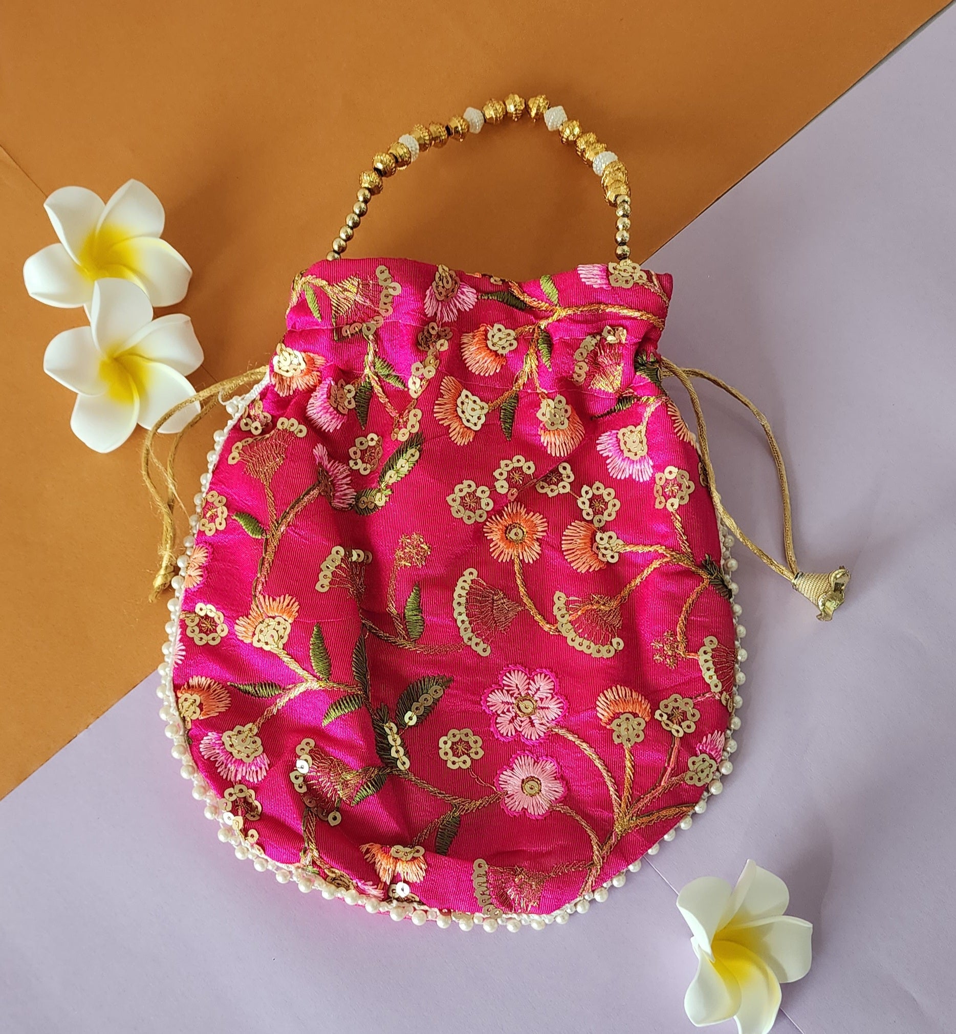 Pink Floral Design Potli Bag