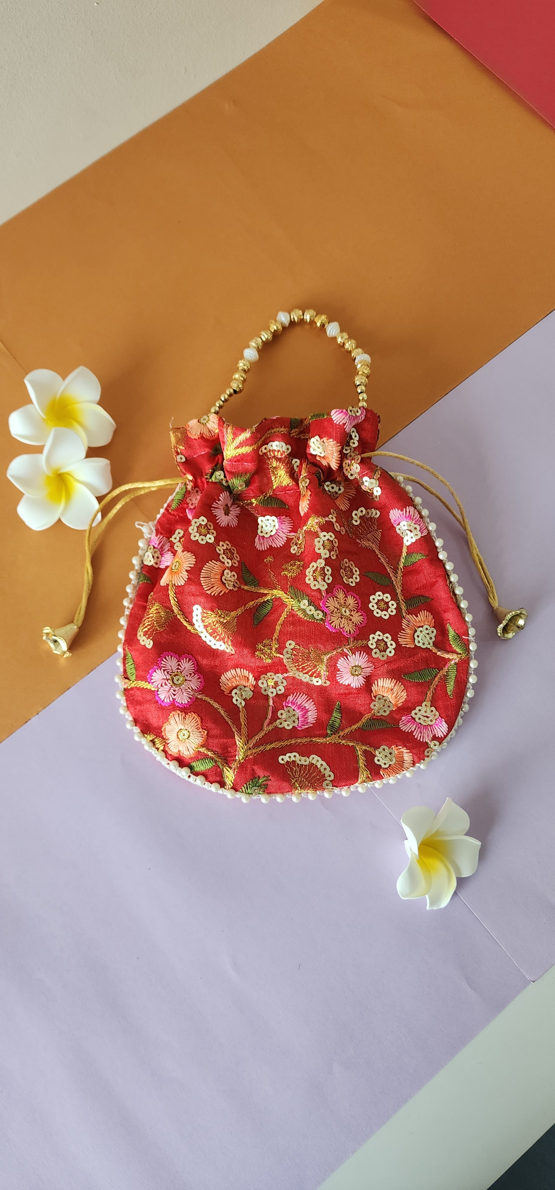 Red Floral Design Potli Bag