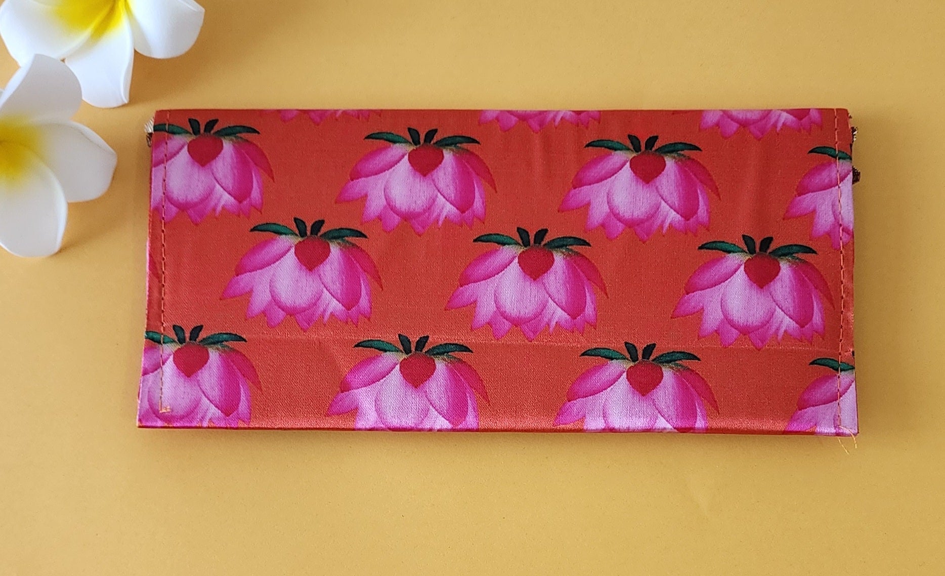 red color Designer Shagun Envelope with pink lotus printed on it