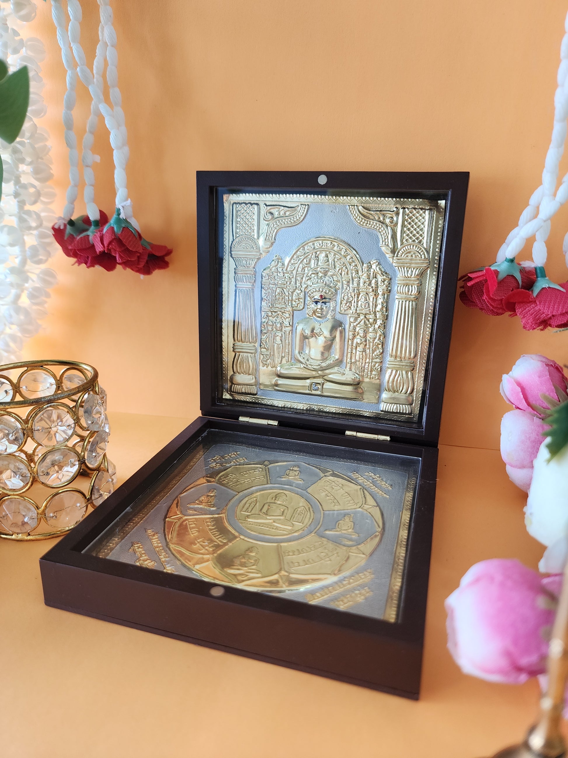 Gold platted open Lord Mahavir Pocket Temple with flowers and with red rose on white mala