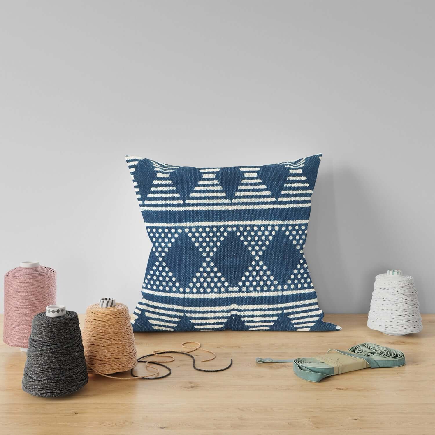 Blue Abstract Pattern Cushion Cover with threads Rolls around