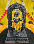 A detailed image of the black Ram Lalla idol from Ayodhya, depicting Lord Rama as a child adorned with golden jewelry, holding a golden bow and arrow, and placed within a black arch on a base, all against a vibrant yellow background.