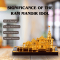 A golden 3D model replica of the Ram Mandir temple, with overlaid text highlighting the significance of the Ram Mandir idol through points like Gift of Blessings, Cultural Aesthetics, Spiritual Serenity, and Personal Devotion.