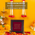 Pooja room decor featuring a framed Hare Krishna Maha-mantra, surrounded by traditional worship items like a lit diya, brass lamp, marigold flowers, and a bell, against a yellow background. Text overlay reads 'POOJA ROOM DECOR SACRED ADDITION TO YOUR DAILY RITUAL'.