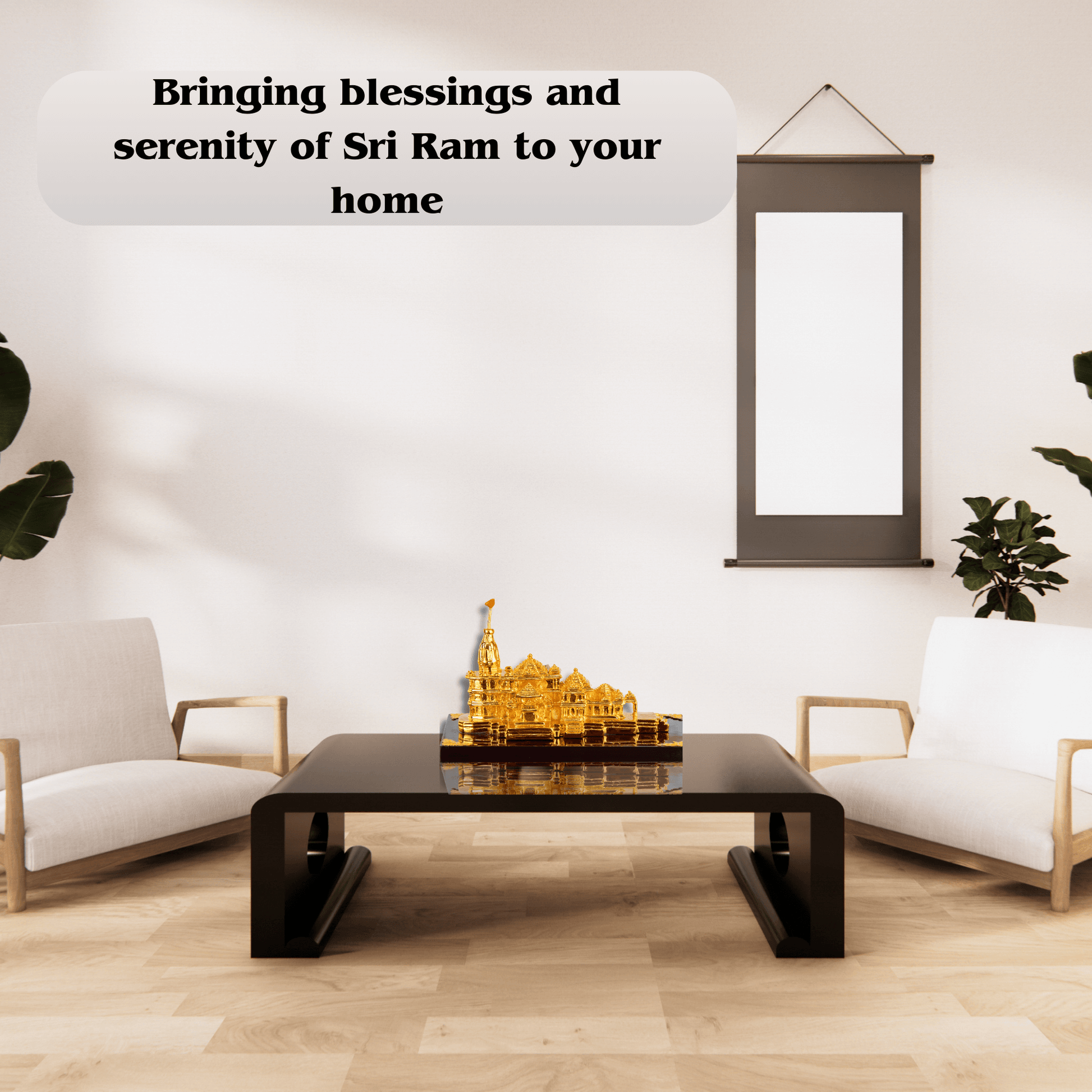 A golden 3D model of Shri Ram Mandir Ayodhya Temple on a coffee table in a modern living room, with text about bringing blessings and serenity to your home.