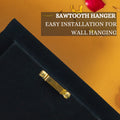 Sawtooth hanger on a black frame with text 'Sawtooth Hanger Easy Installation for Wall Hanging' on a brown background.