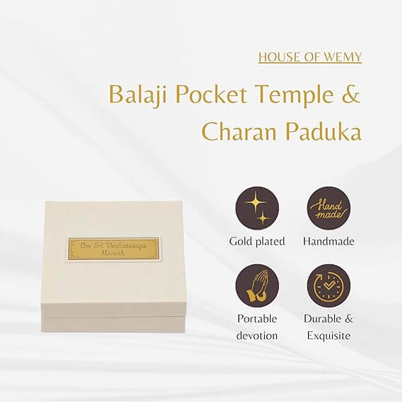 A cream-colored box with a gold label for 'Balaji Pocket Temple & Charan Paduka' from 'HOUSE OF WEMY,' alongside bullet points highlighting features like 'Gold plated,' 'Handmade,' 'Portable devotion,' and 'Durable & Exquisite.