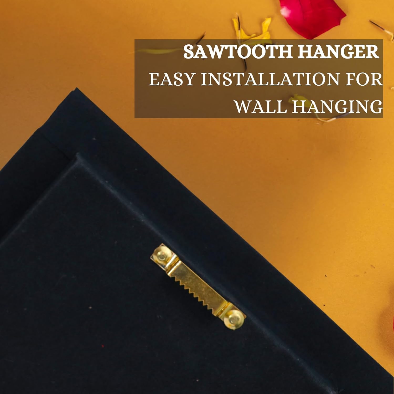 A sawtooth hanger attached to the back of a dark-colored frame, with the text "SAWTOOTH HANGER EASY INSTALLATION FOR WALL HANGING" visible above it on a warm, golden background.
