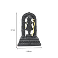 A black polyresin statue of Ram Lalla, standing in an arched shrine with a golden bow and arrow, on a decorative base. The statue is 17 cm tall and 6.5 cm wide.