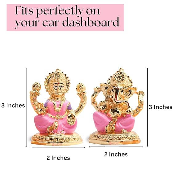 Golden and pink idols of Lakshmi and Ganesha, each 3 inches tall and 2 inches wide, designed to fit perfectly on a car dashboard.