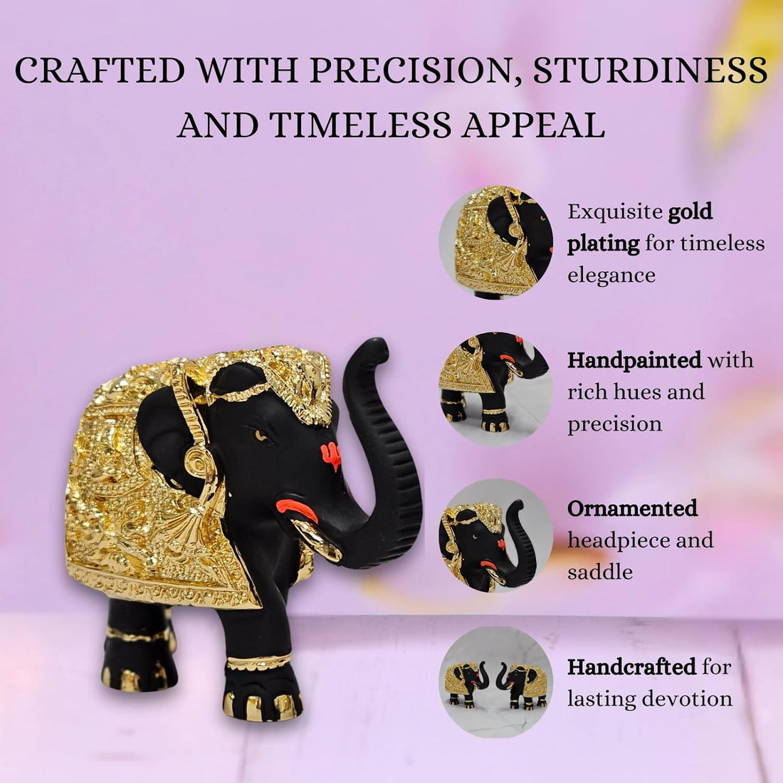 3-Inch Premium Quality Gold Plated Resin Black Elephant Showpiece, 1 Piece