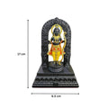 A polyresin or marble dust idol of Ram Lalla from Ayodhya, depicted in black and gold with a golden bow and arrow, standing on an ornate black base, with measurements of 17 cm in height and 6.5 cm in width indicated by arrows.