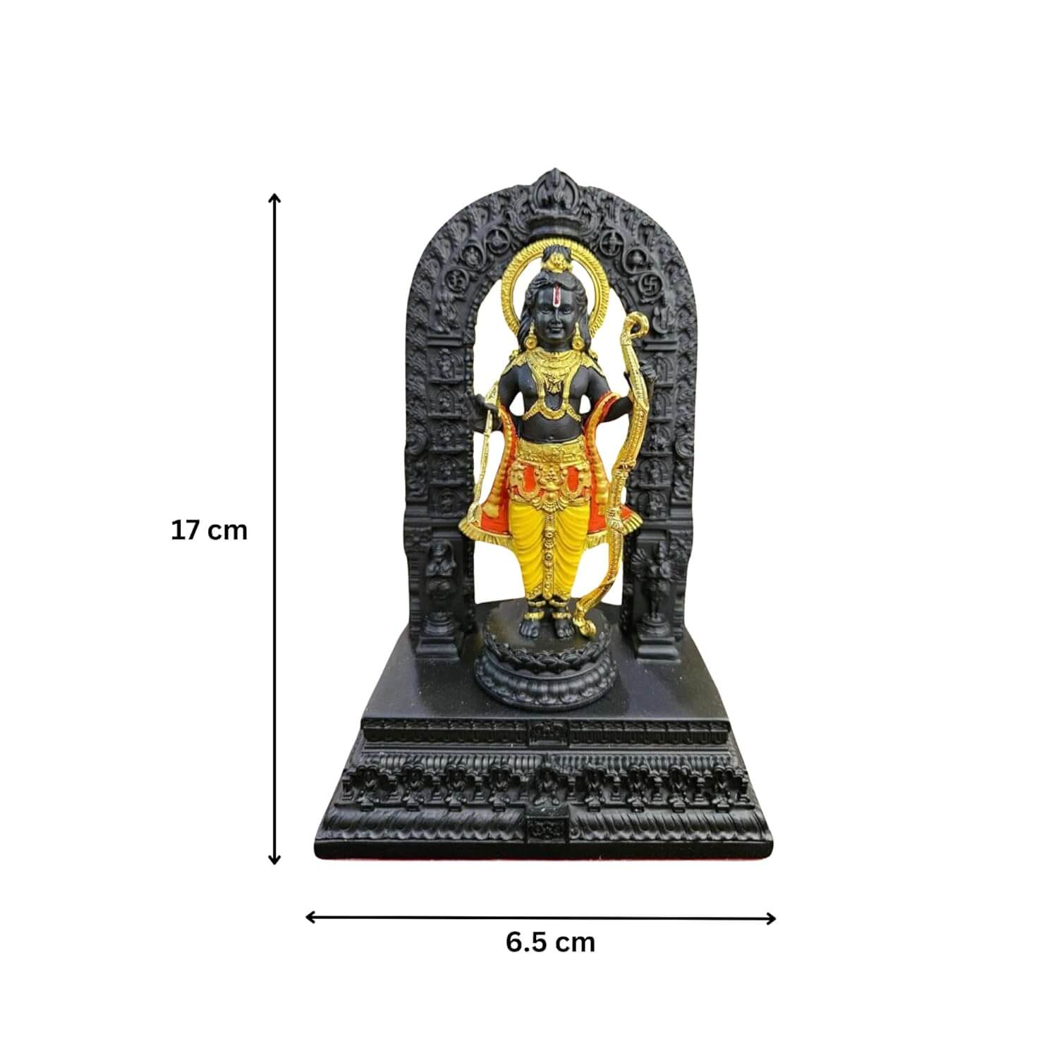 A polyresin or marble dust idol of Ram Lalla from Ayodhya, depicted in black and gold with a golden bow and arrow, standing on an ornate black base, with measurements of 17 cm in height and 6.5 cm in width indicated by arrows.
