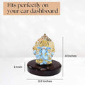 Blue and gold Ganesha idol with a golden halo, seated on a dark brown circular base, perfect for a car dashboard. Dimensions of 4 inches height, 3.2 inches base width, and 1 inch base height are indicated.