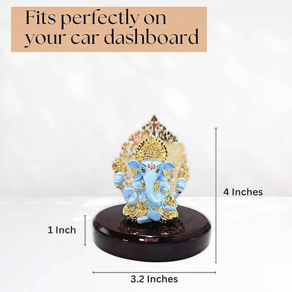 Blue and gold Ganesha idol with a golden halo, seated on a dark brown circular base, perfect for a car dashboard. Dimensions of 4 inches height, 3.2 inches base width, and 1 inch base height are indicated.