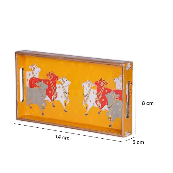Yellow Wooden Pichwai Cow Tray with traditional design