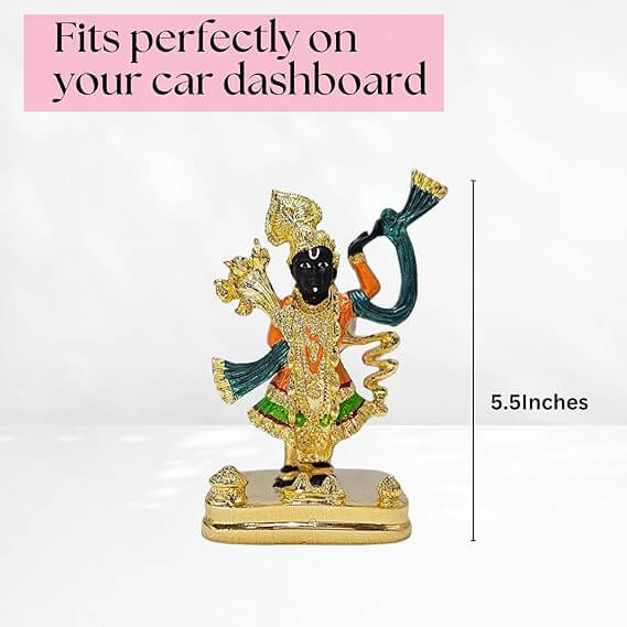 A vibrant, multicolor, gold-plated Lord Shreenath Ji idol standing upright on a matching base, displayed with text overlays indicating "Fits perfectly on your car dashboard" and "5.5Inches.