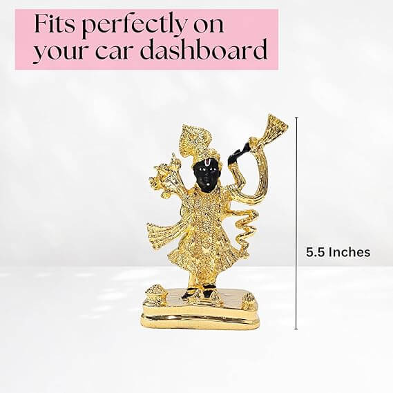 A 5.5-inch tall, gold-plated idol of Lord Shreenathji (Lord Krishna in child form), suitable for a car dashboard, standing on a golden base against a white background. The text overlay indicates "Fits perfectly on your car dashboard" and "5.5 Inches"