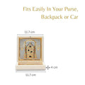 A small, portable wooden box opens to reveal a gold-plated idol or framed image of Lord Tirupati Balaji with Charan Paduka, designed as a pocket temple. The text on the image highlights its portability, stating