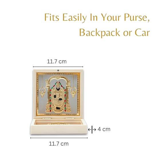 A small, portable wooden box opens to reveal a gold-plated idol or framed image of Lord Tirupati Balaji with Charan Paduka, designed as a pocket temple. The text on the image highlights its portability, stating "Fits Easily In Your Purse, Backpack or Car," and provides dimensions: 11.7 cm length and 4 cm depth when closed.