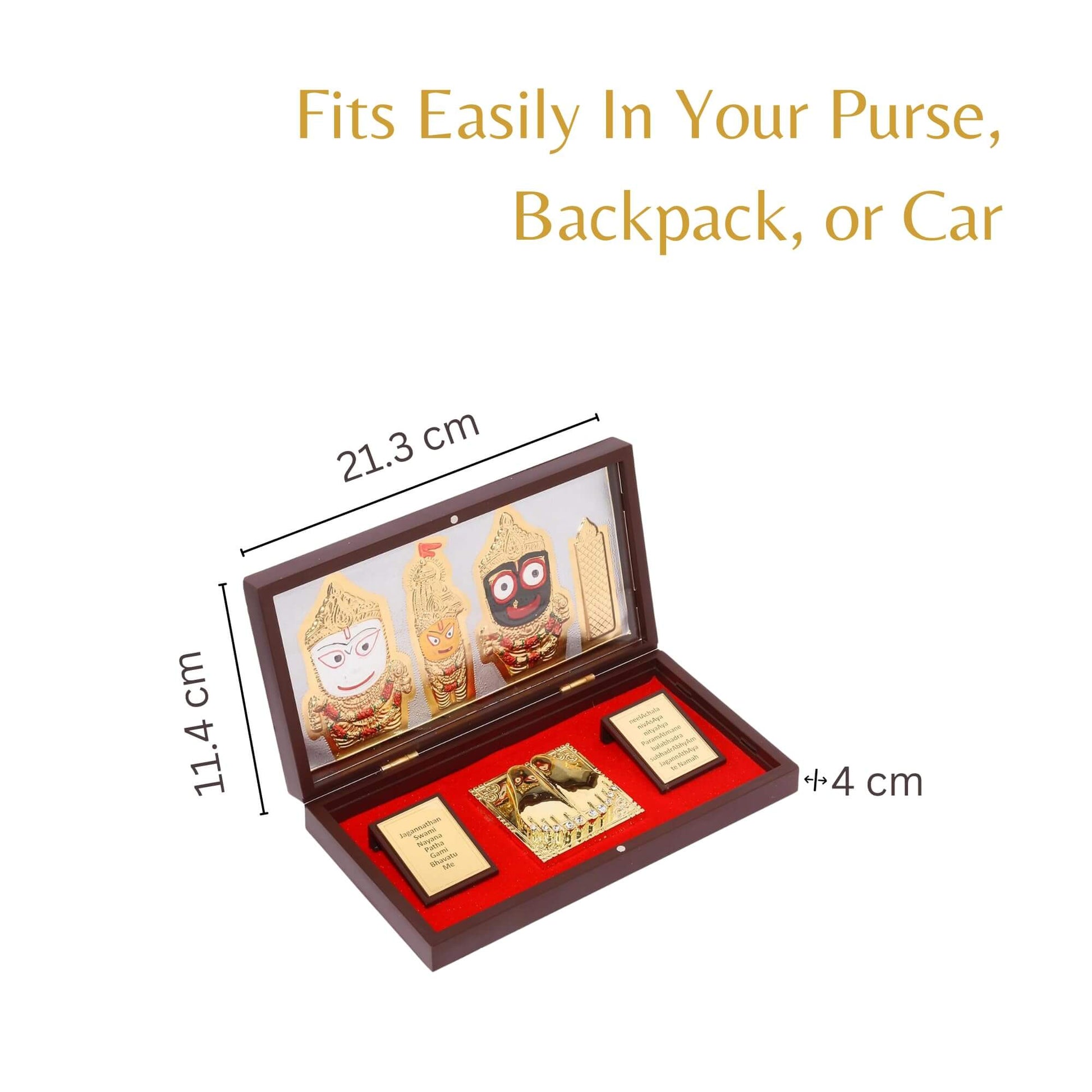 A portable Jagannath Pocket Temple set, featuring a dark brown wooden box with gold-plated idols of Lord Jagannath, Balabhadra, and Subhadra, along with divine footprints (Charan Paduka) and sacred items inside. The box dimensions are labeled as 21.3 cm long, 11.4 cm wide, and +4 cm high, with text indicating it "Fits Easily In Your Purse, Backpack, or Car".