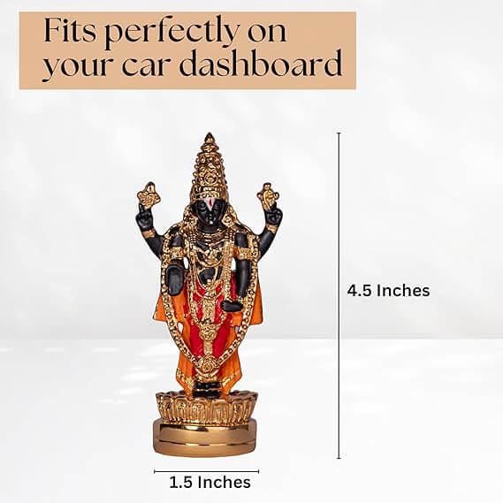 Gold-plated premium Tirupati Balaji (Lord Venkateswara) idol, 4.5 inches tall and 1.5 inches wide, designed to fit perfectly on a car dashboard as a spiritual decorative piece.