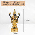 A 4-inch tall, black and gold plated standing idol of Lord Tirupati Balaji (Venkateswara) on a golden lotus base, shown next to a ruler indicating its 1.5-inch width, with text overhead stating 'Fits perfectly on your car dashboard'.