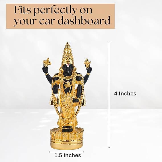 A 4-inch tall, black and gold plated standing idol of Lord Tirupati Balaji (Venkateswara) on a golden lotus base, shown next to a ruler indicating its 1.5-inch width, with text overhead stating 'Fits perfectly on your car dashboard'.