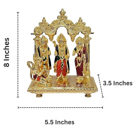 A golden Ram Darbar idol featuring Lord Ram, Sita, Lakshman, and Hanuman on a decorative base, with indicated dimensions of 8 inches (height), 5.5 inches (width), and 3.5 inches (depth).