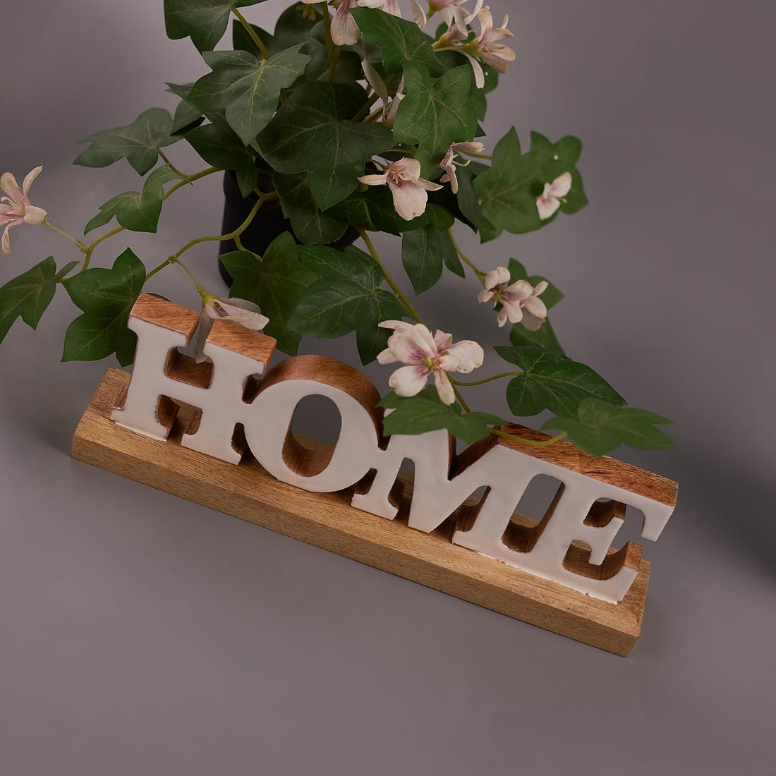 A wooden sign with the word 'HOME' displayed in capital letters, placed on a surface with a potted plant in the background.