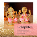 Gold plated Lakshmi and Ganesha idols on a pink and gold glitter background. Text reads: Gold plated. It's a statement of art, devotion, and meticulous craftsmanship.