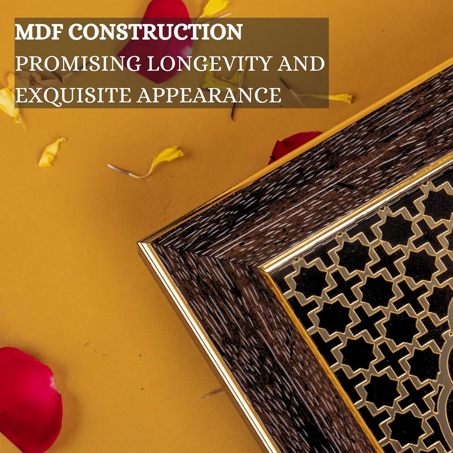 Close-up of a decorative frame with a dark, textured MDF construction and intricate gold-colored lattice patterns and border, highlighting its promise of longevity and exquisite appearance.