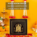 A detailed image of a Lord Balaji photo frame set within a traditionally decorated pooja room, featuring traditional elements like brass lamps, marigold flowers, and hanging white and red floral garlands, with text overlays reading