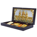 A close-up of an open, rectangular, dark brown wooden box serving as a