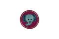 A single round Beaded Coasters - Safari Theme coaster, featuring an elephant's face made of light blue and dark blue beads, set against a magenta beaded background with a gold-colored beaded border.