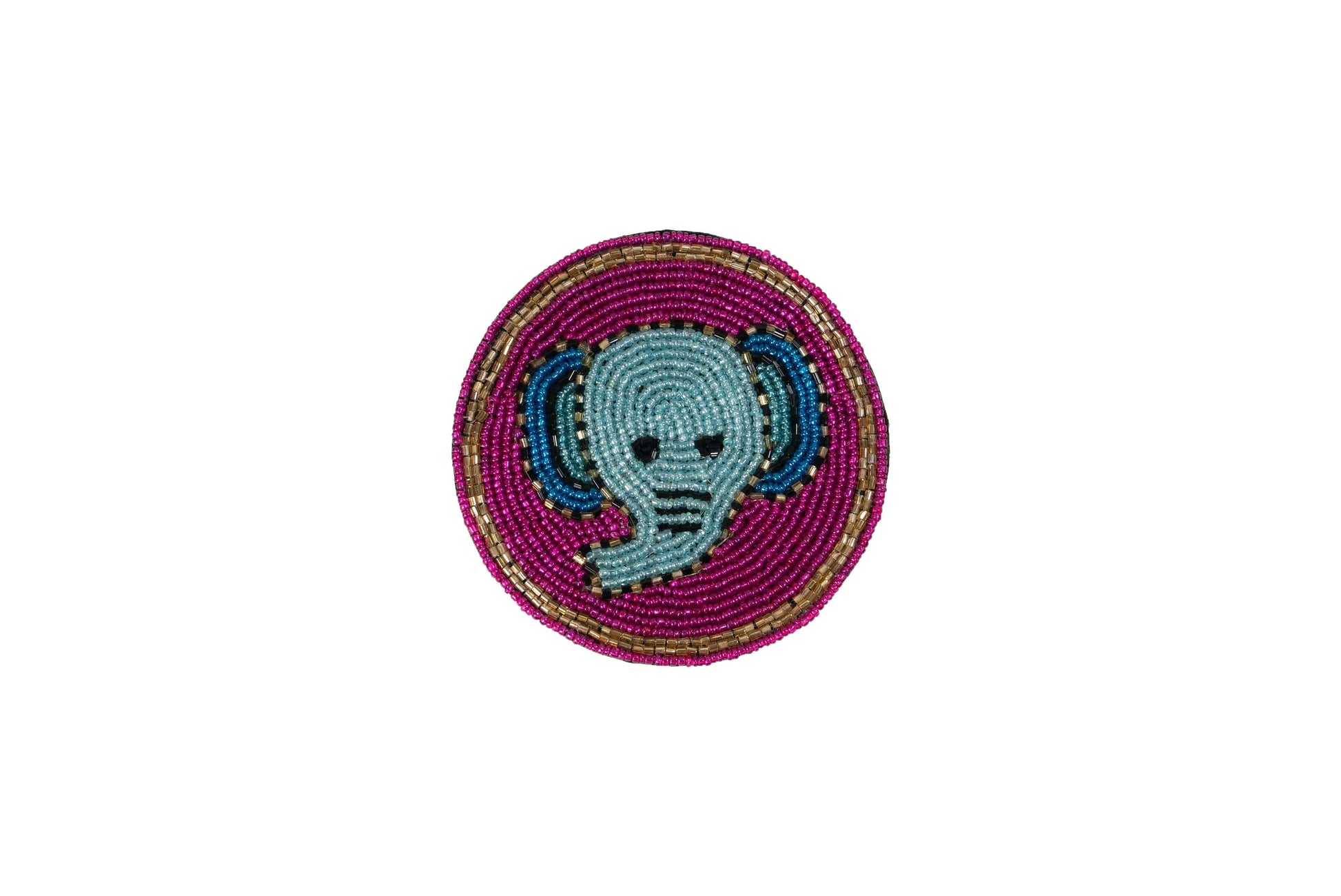 A single round Beaded Coasters - Safari Theme coaster, featuring an elephant's face made of light blue and dark blue beads, set against a magenta beaded background with a gold-colored beaded border.