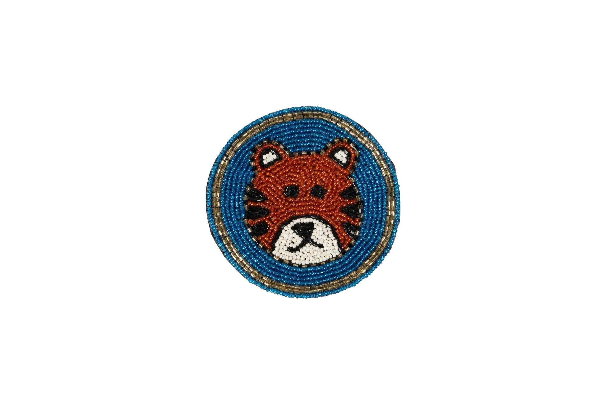 A single round Beaded Coasters - Safari Theme coaster, featuring a tiger's face made of brown, white, and black beads on a blue beaded background, with a gold beaded border.