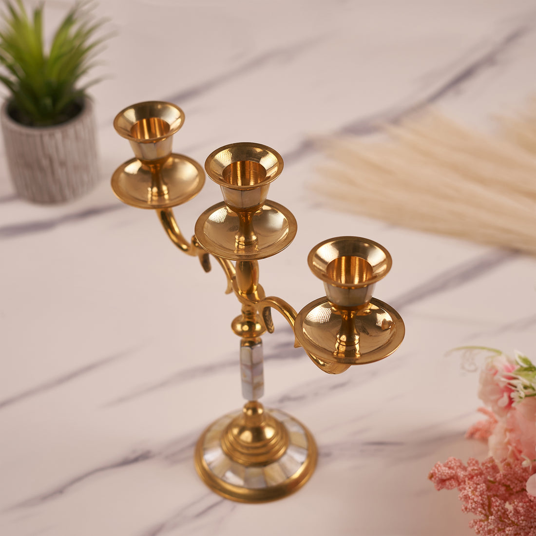 Three-Arm Brass Mother of Pearl Candle Holder
