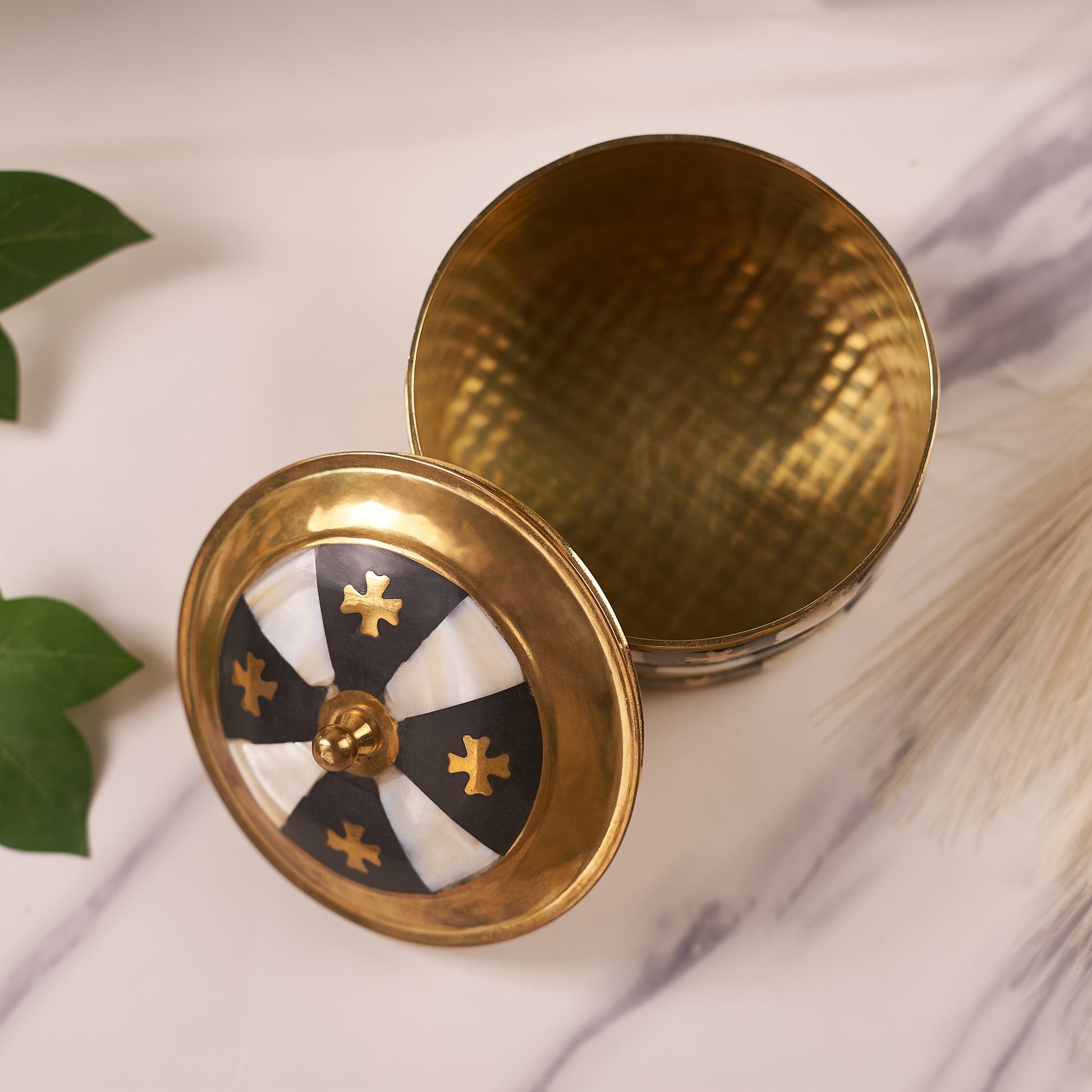 vintage brass trinket box​ open with upper angel photo