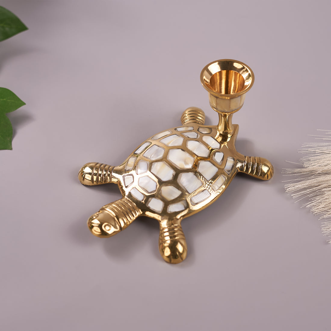 Brass & Mother-of-Pearl Turtle Shape Candle Holder for Home Décor