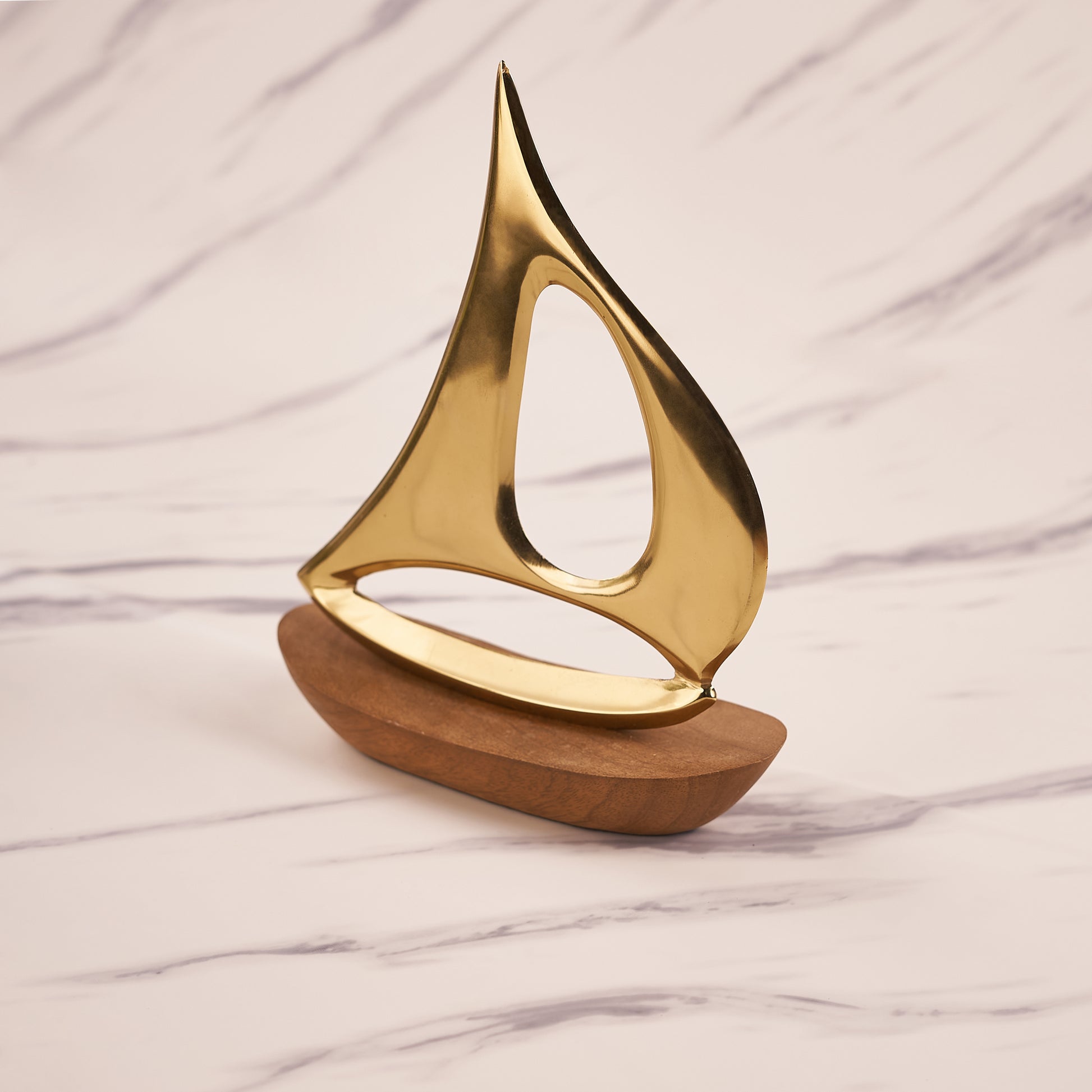 Golden plated Brass Boat with wooden base for home decor