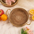Rattan Tray with Handle with apple and oranges around it