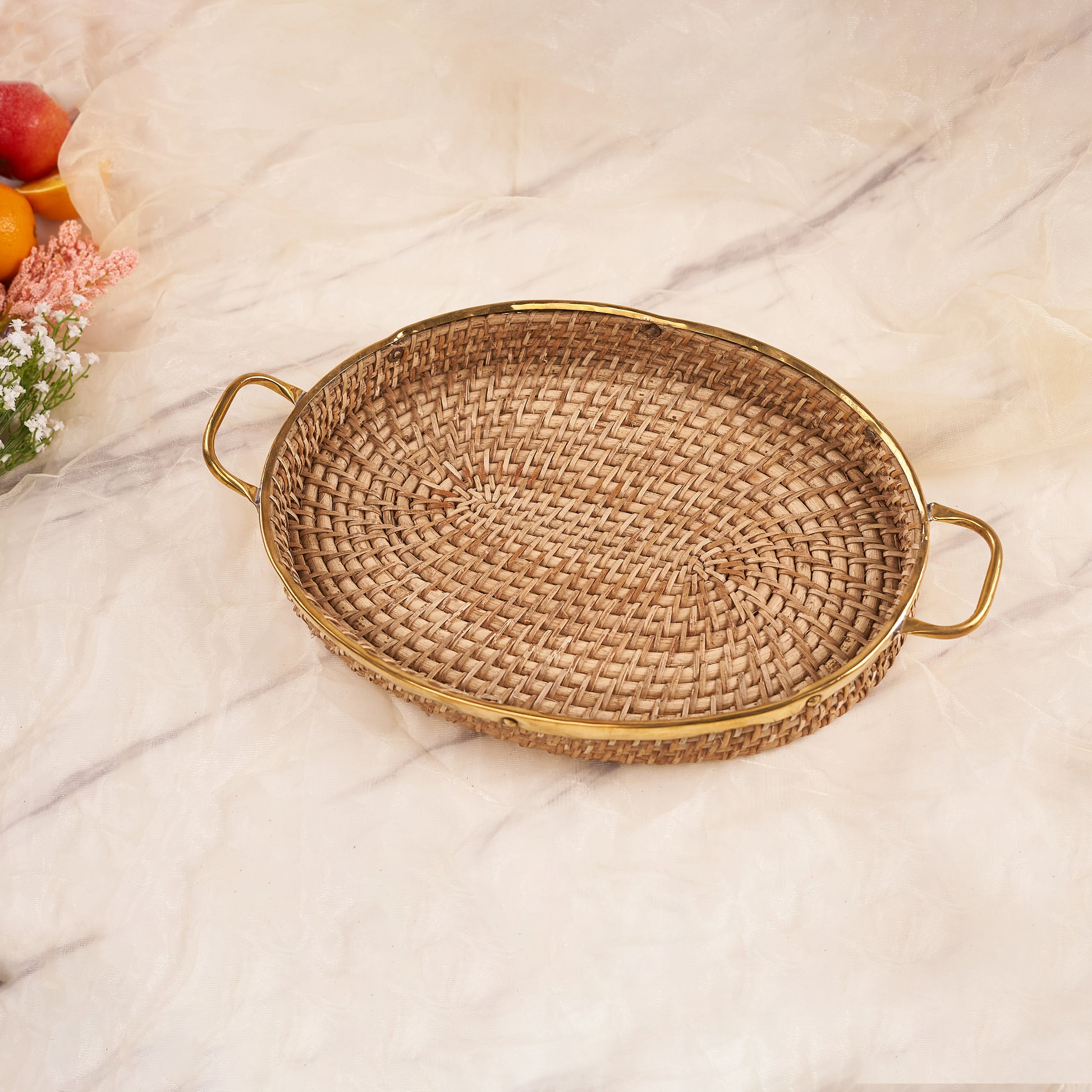 wood Oval Rattan Tray with Handles