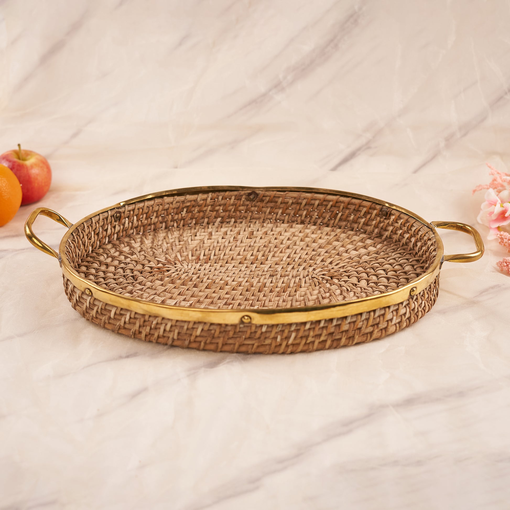 wooden Oval Rattan Tray with Handles