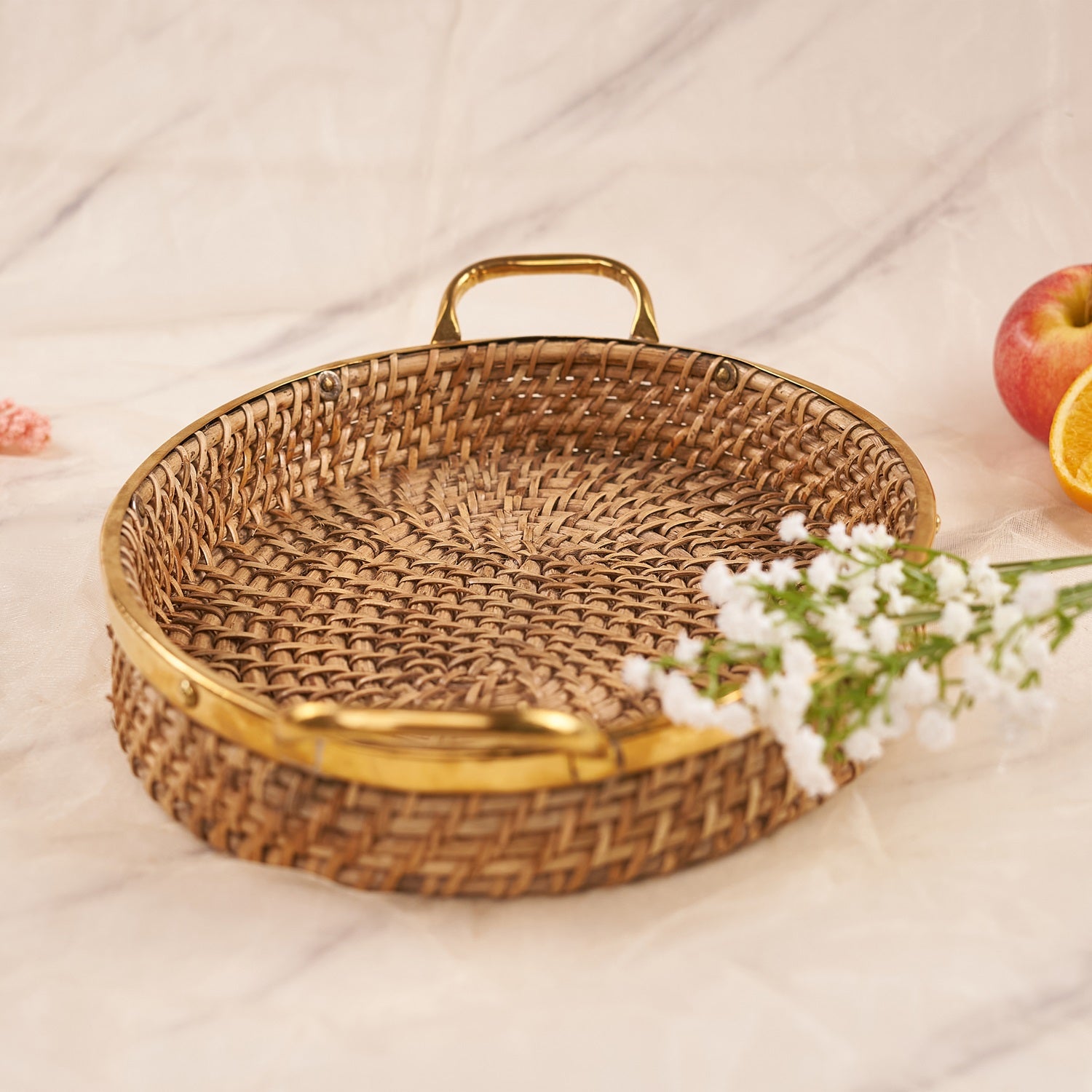 Oval Rattan Tray with Handle with flowers
